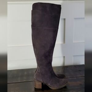 Lucky Brand Suede Leather Tall Boot, Block Stack Heel 2.6", Dark Grey, Sz 8, EUC
